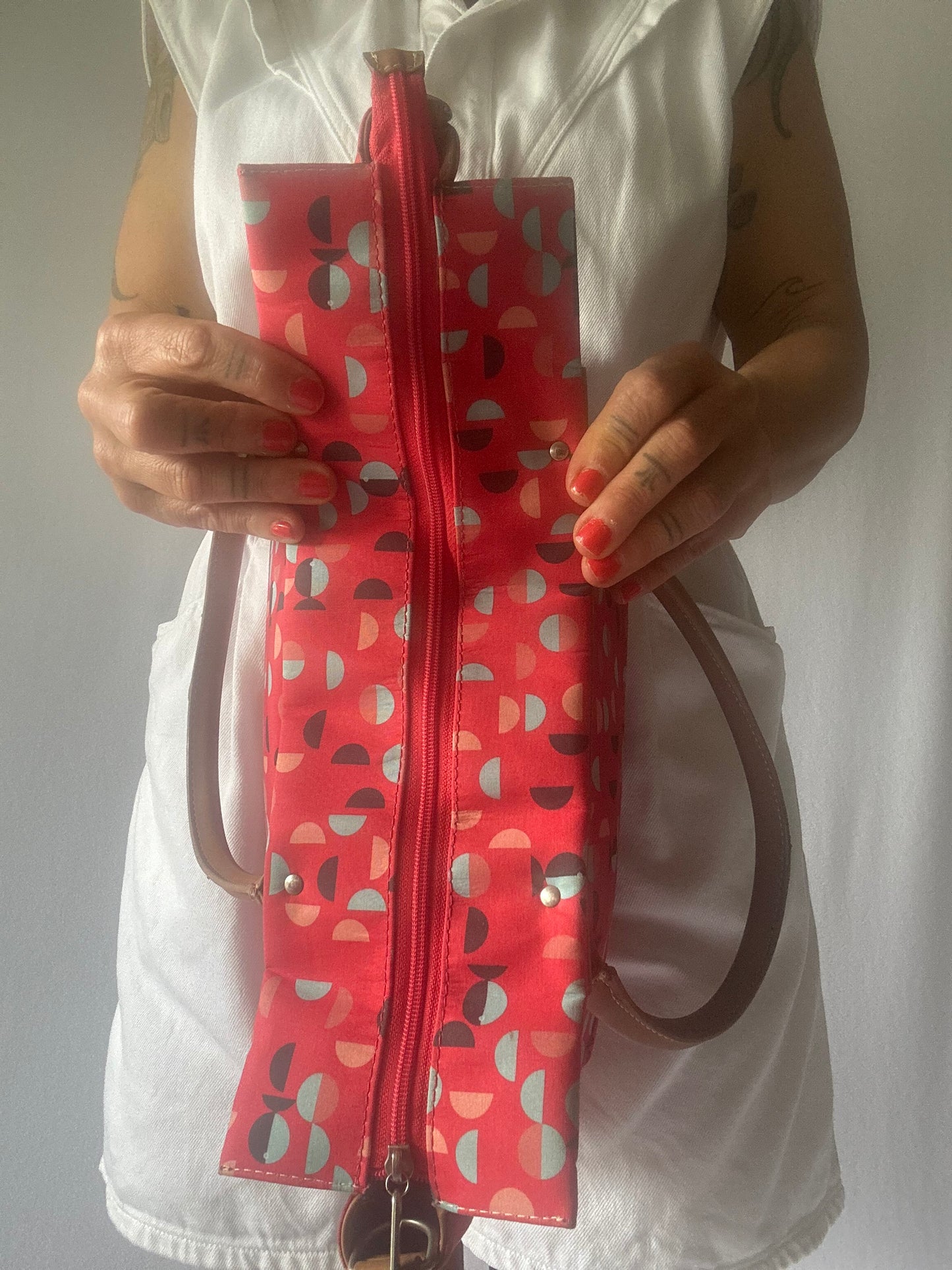 Practical Red Patterned Tote Bag with Tan Handles