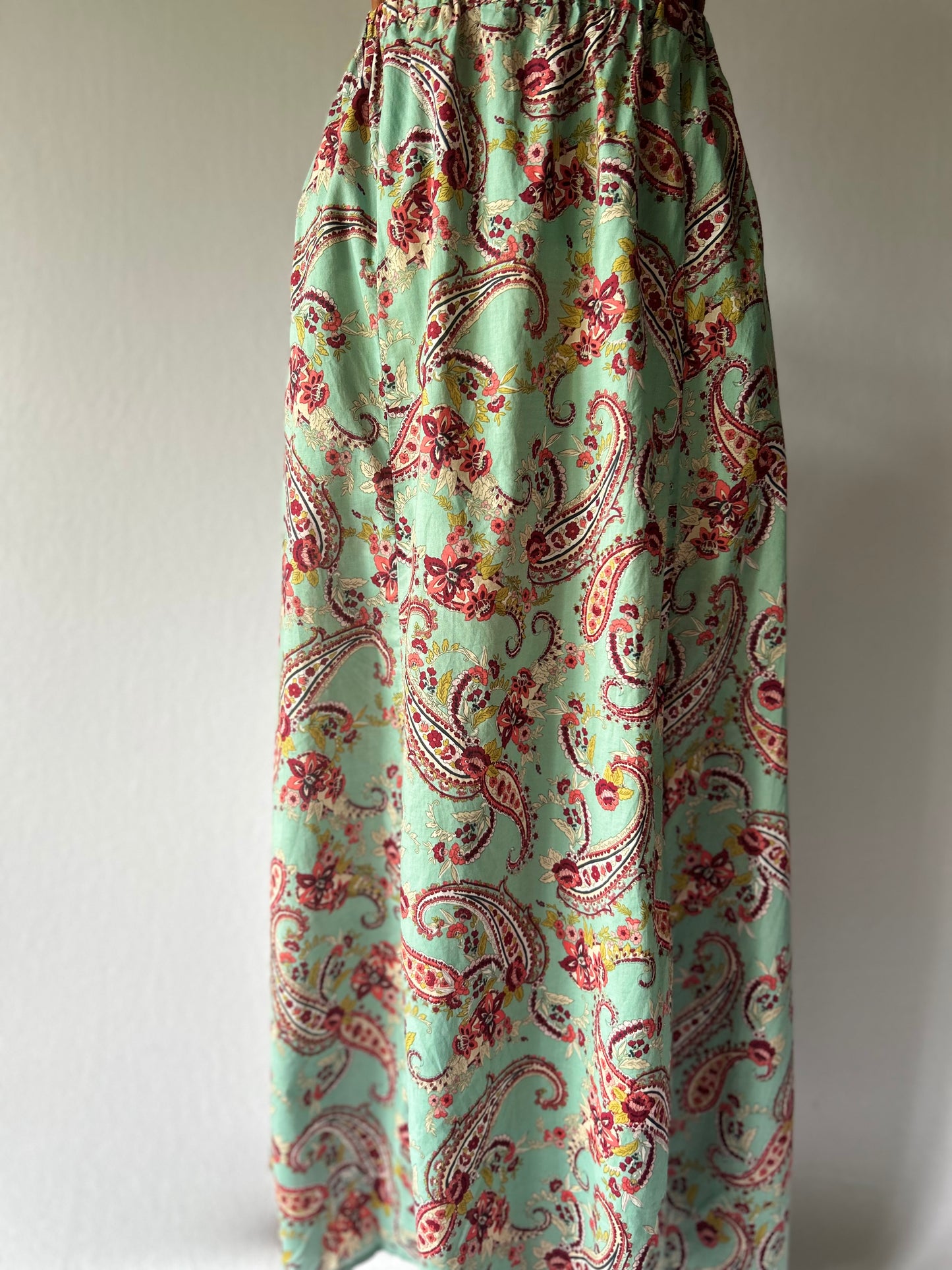 Mint Green Paisley Print Maxi Skirt - Elastic Waist