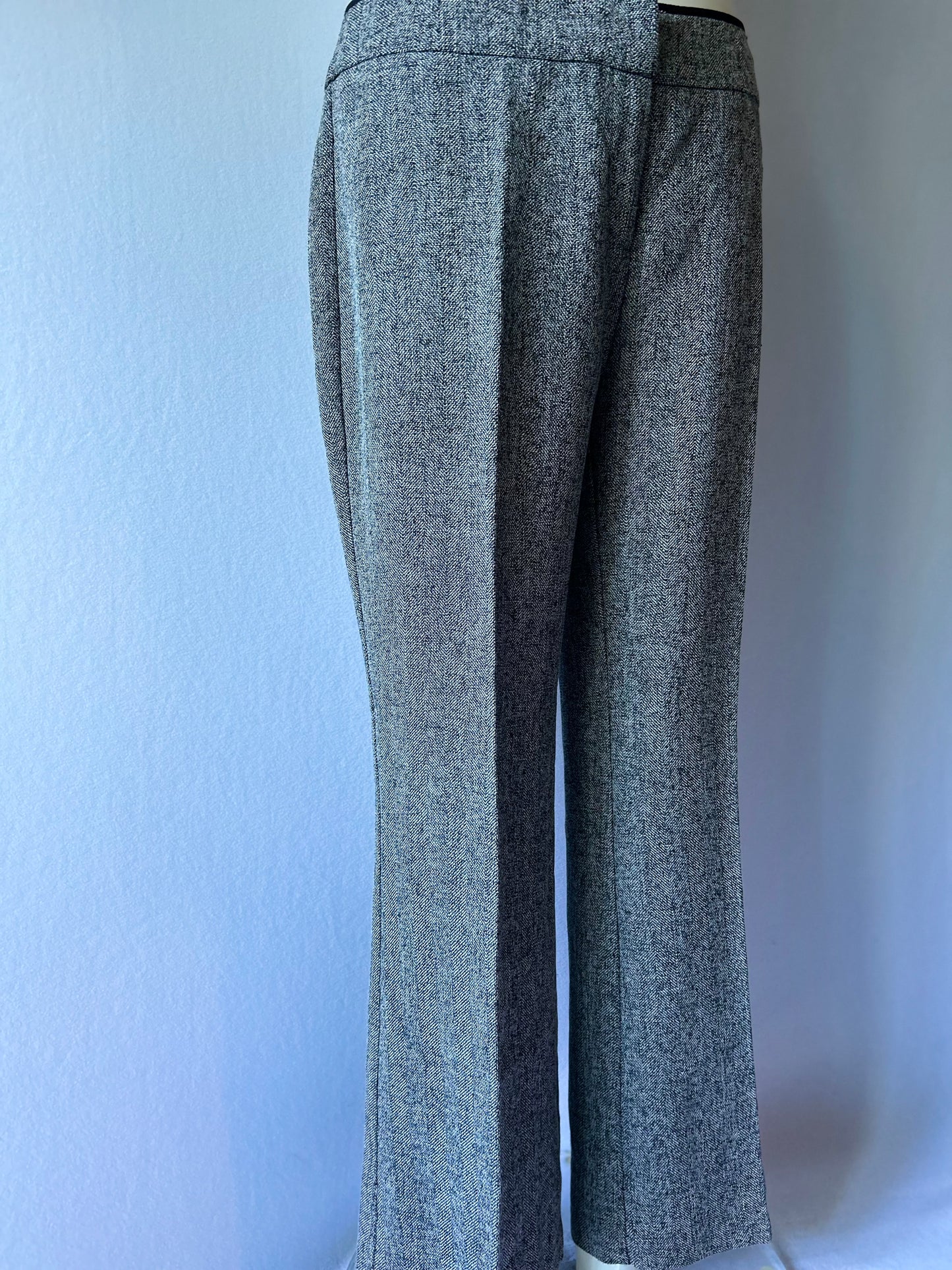 Monochrome Tweed-Look Tailored Trousers with Faux-Leather Trim - Size 12