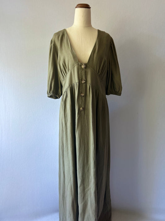 Olive Green Linen Blend Button-Front Cross-Back Maxi Dress - Size UK 12