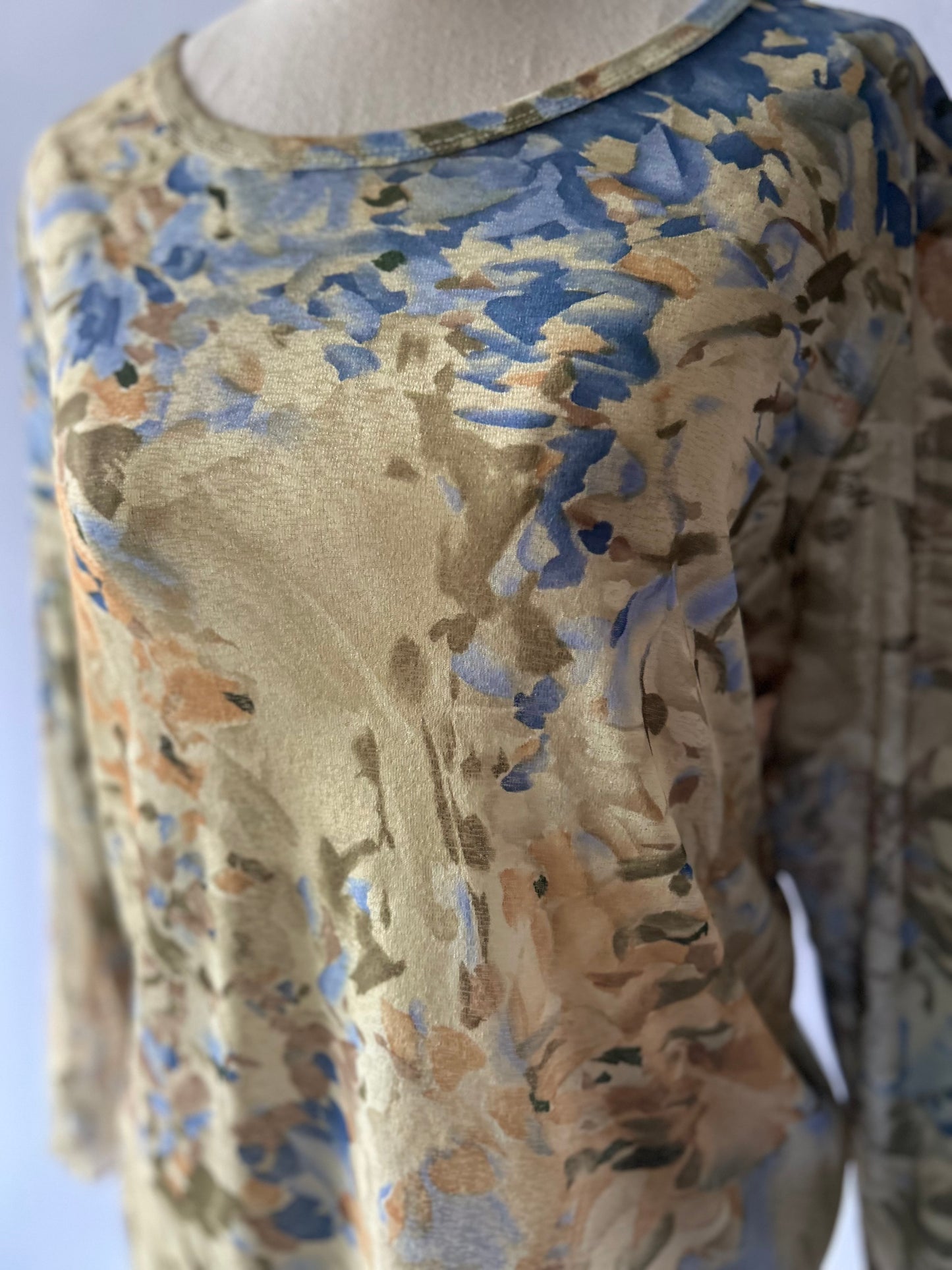 Abstract Watercolor Sheer Mesh Long-Sleeve Top - Size M