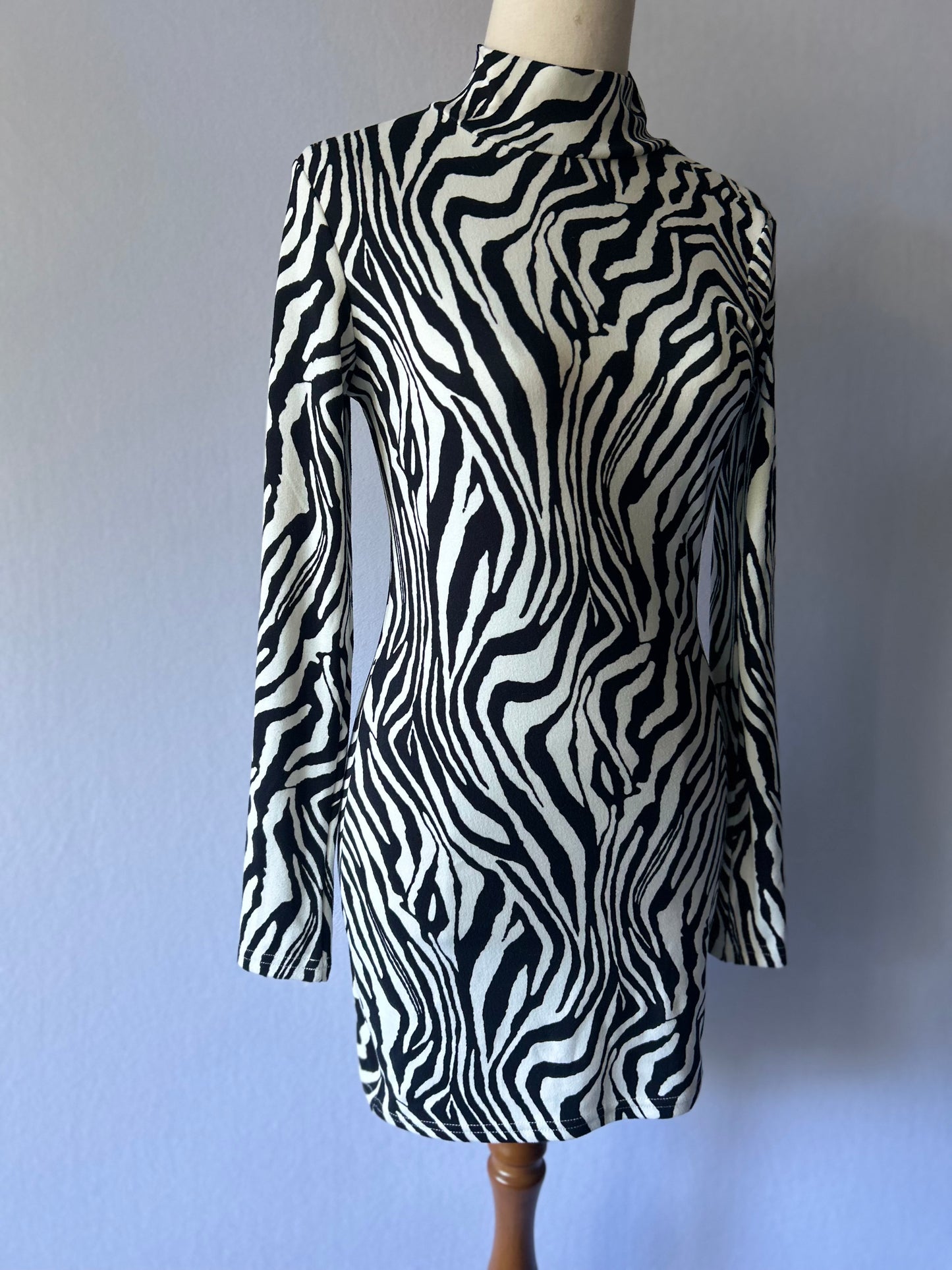 Monochrome Zebra Print Mock Neck Bodycon Mini Dress - Size M