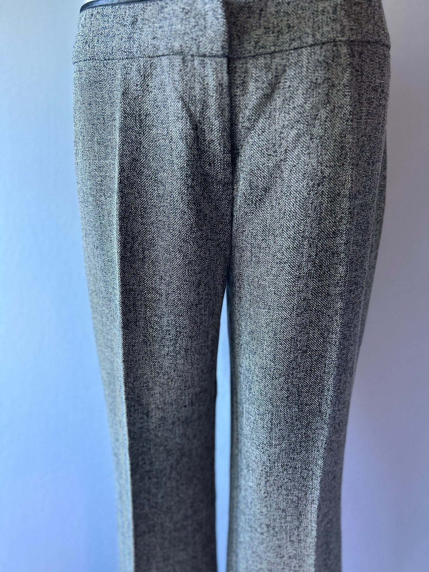 Monochrome Tweed-Look Tailored Trousers with Faux-Leather Trim - Size 12
