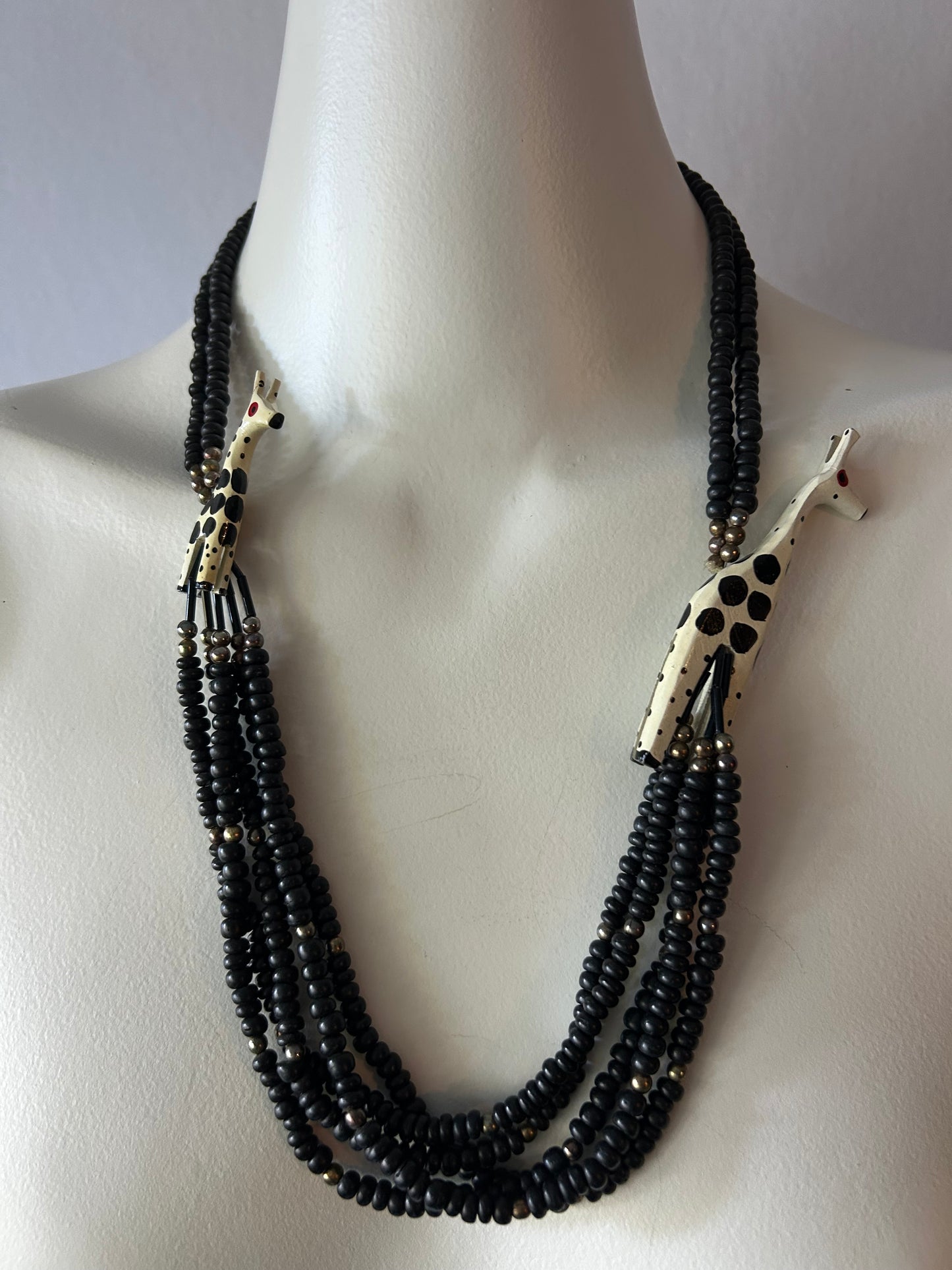 Vintage Multi-Strand Wooden Bead Statement Necklace with Carved Giraffes