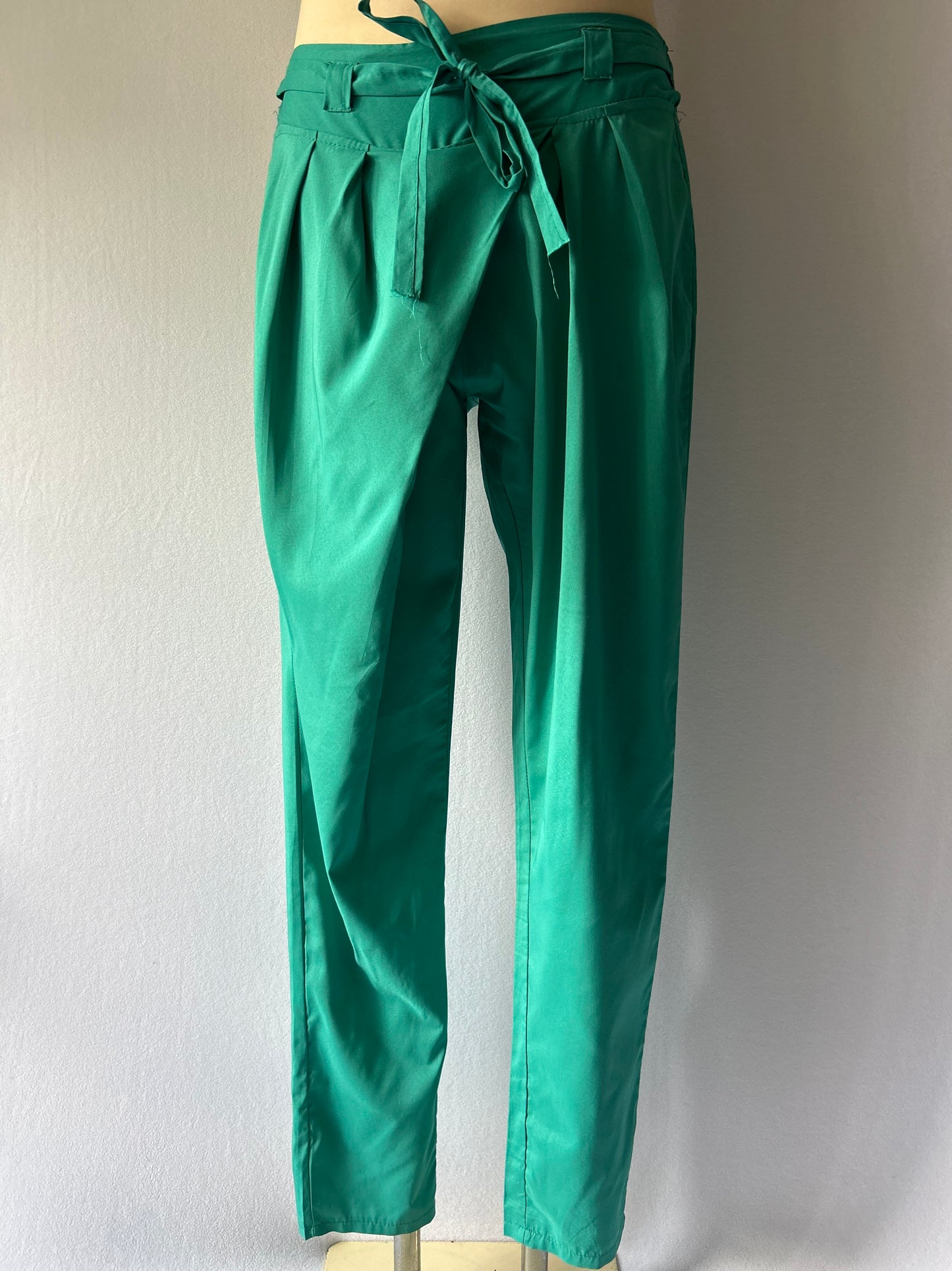 Emerald Green High-Waisted Trousers - Belted Polyester, size L