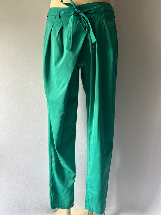Emerald Green High-Waisted Trousers - Belted Polyester, size L
