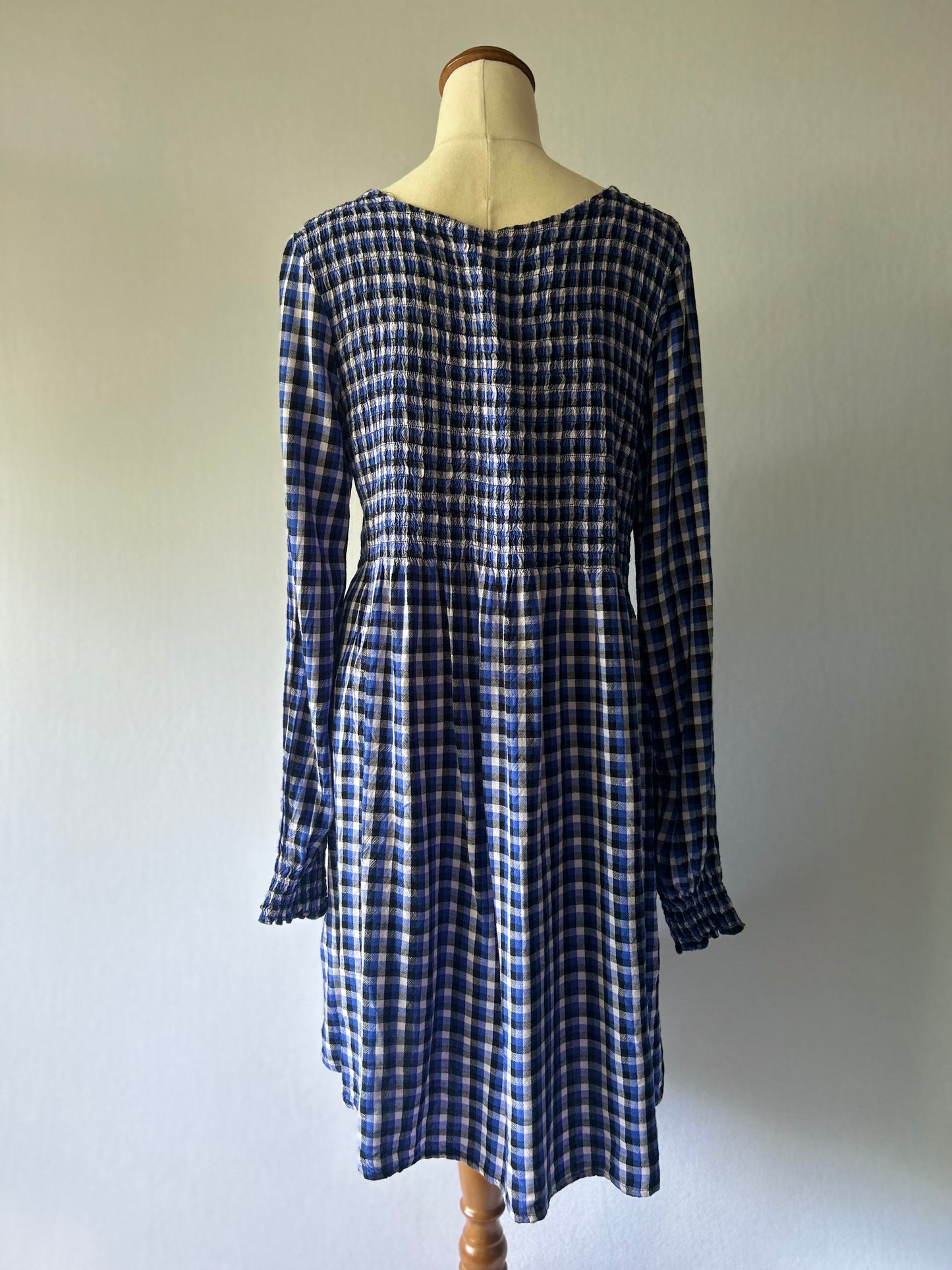 Blue Gingham Check Smocked Back Dress - Size L