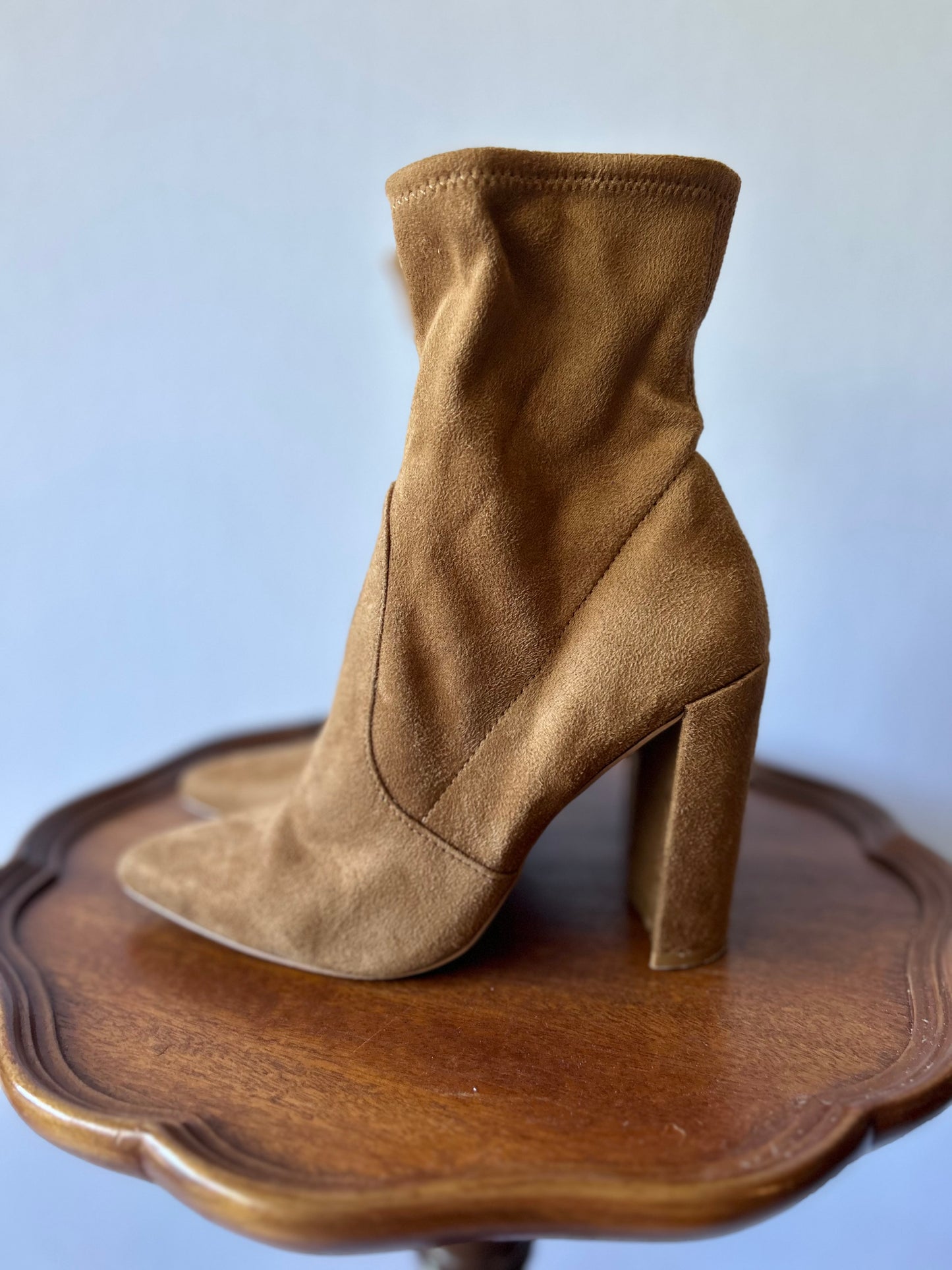 Tan Faux Suede Pointed-Toe Sock Boots - Size US 6