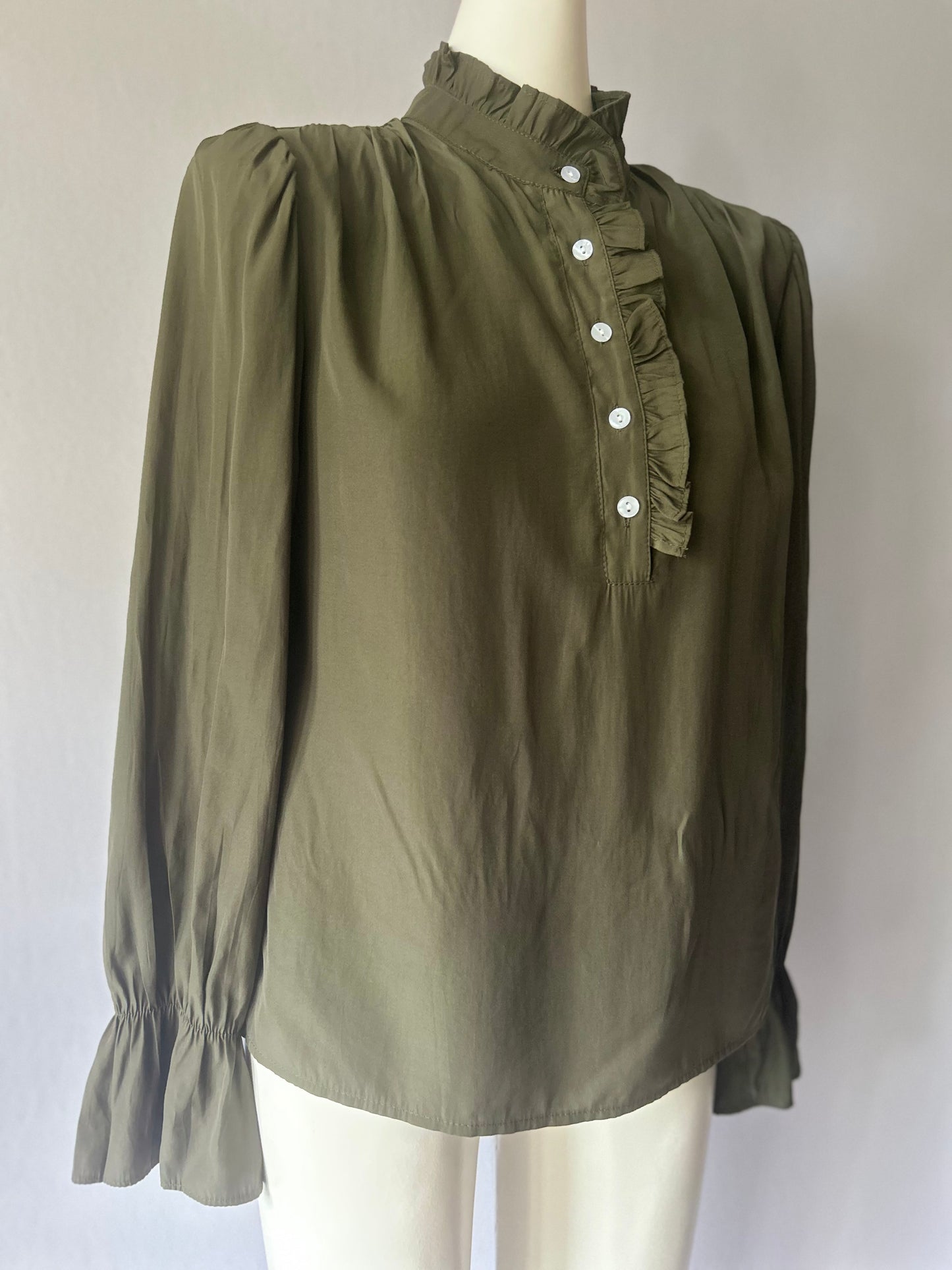 Romantic Ruffle High Neck Blouse - Olive Green - Size S