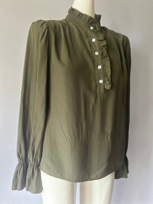 Romantic Ruffle High Neck Blouse - Olive Green - Size S