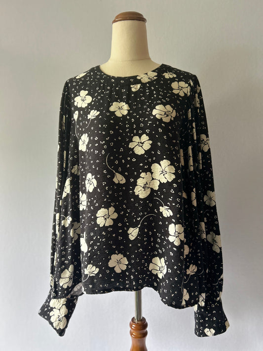 Seed Heritage Monochrome Floral Cotton Blouse - Size 12