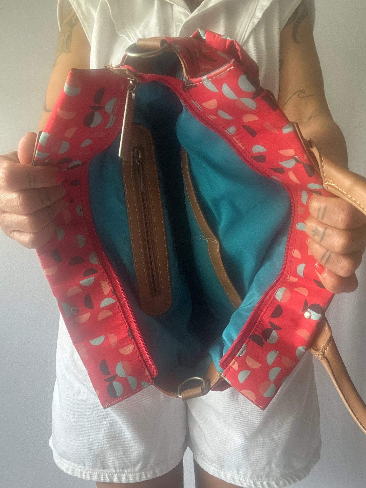 Practical Red Patterned Tote Bag with Tan Handles