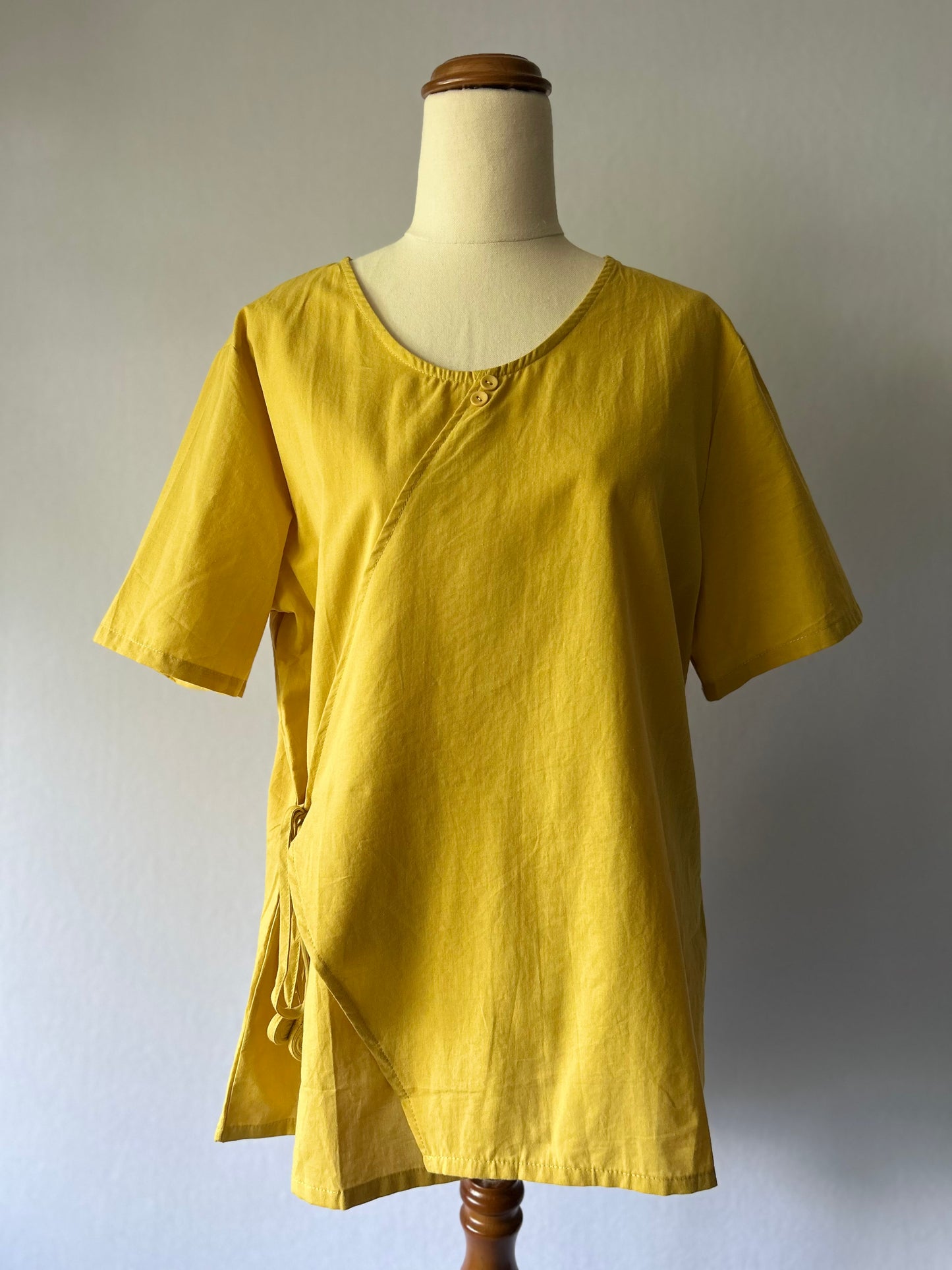 Mustard Yellow Asymmetric Wrap Tunic - 100% Cotton - Size L