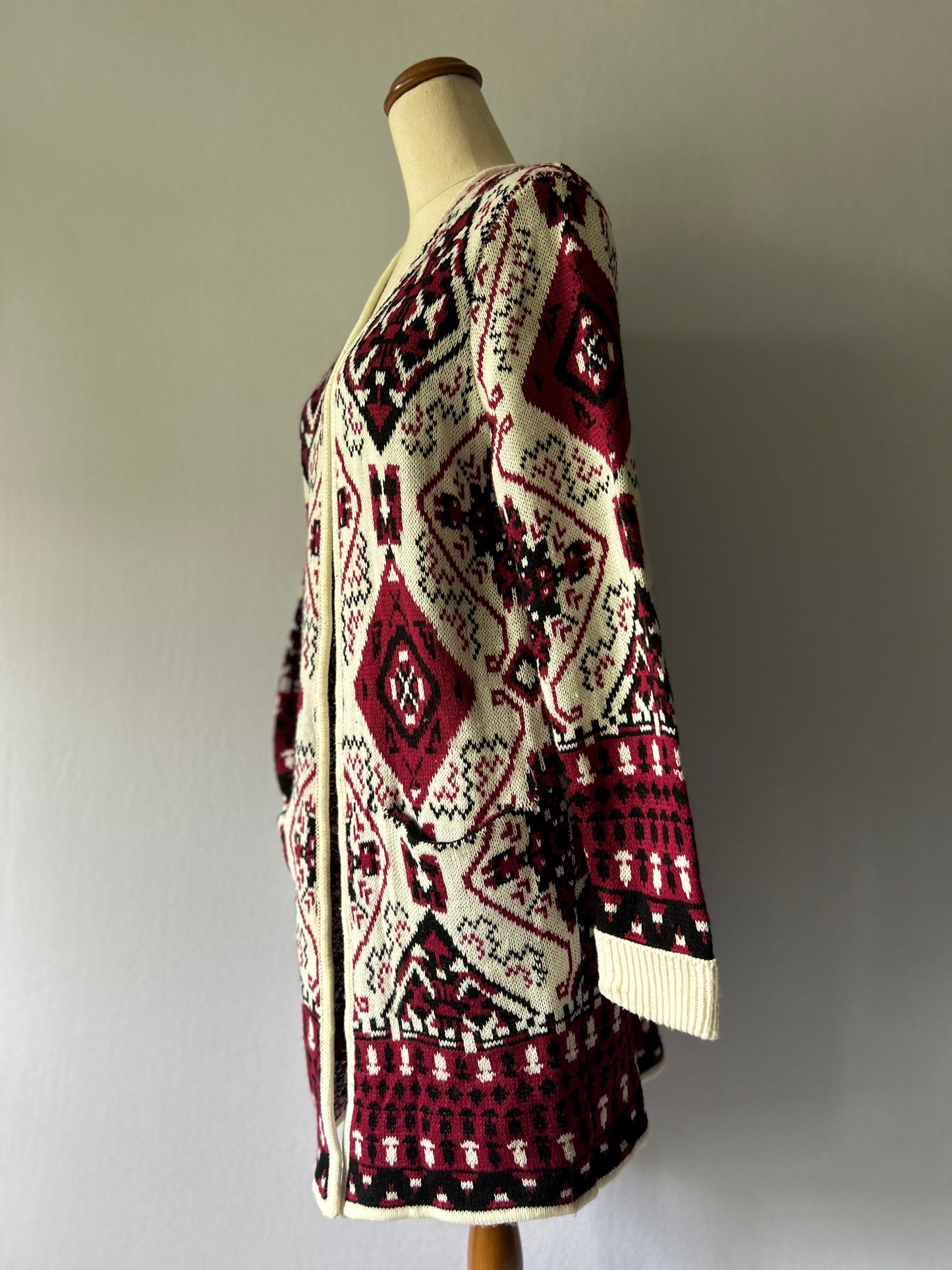 Boho-Chic Geometric Tribal Knit Cardigan – Size XS