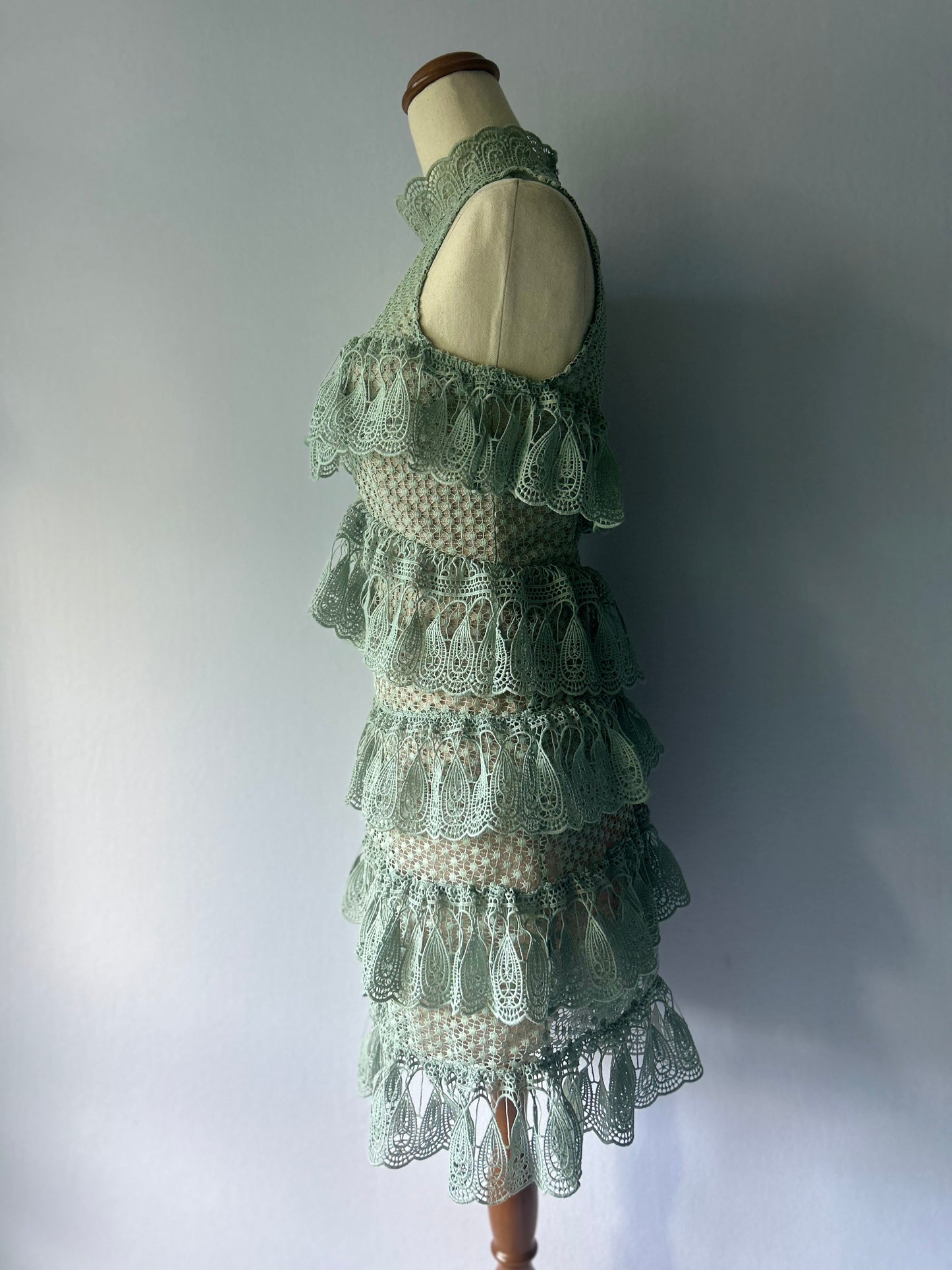 Seed Heritage Tiered Lace Mini Dress - Sage Green - Size 6