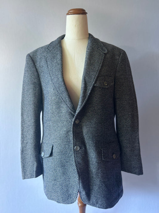 Vintage Takashimaya Japanese Pure Wool Herringbone Tailored Blazer - Salt & Pepper Grey - Size M