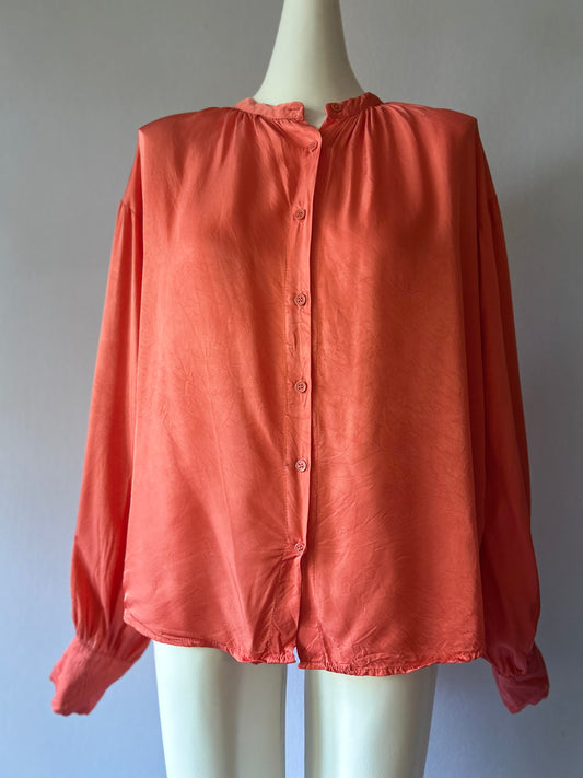 Coral Satin-Finish Relaxed Blouse - Size L