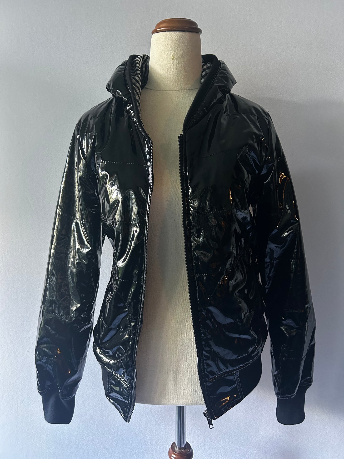 High-Shine Patent Leather-Look Puffer Bomber Jacket - Size M