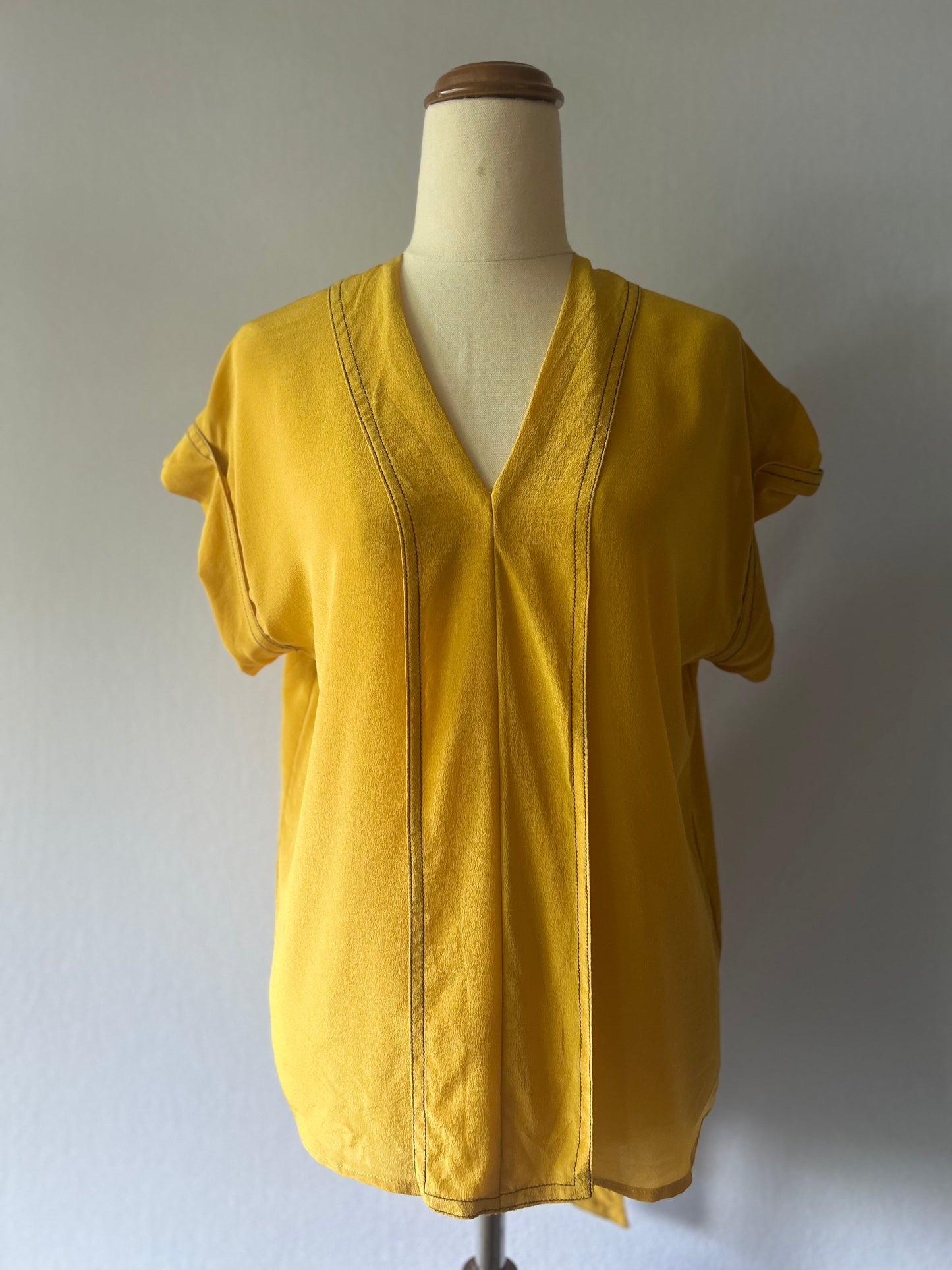 Mustard Yellow Silk Kimono-Style Belted Top - Size L