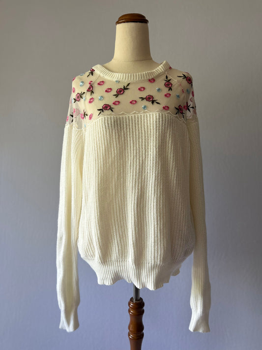 Floral Embroidered Mesh Yoke Knit Sweater - Size L (Acrylic)
