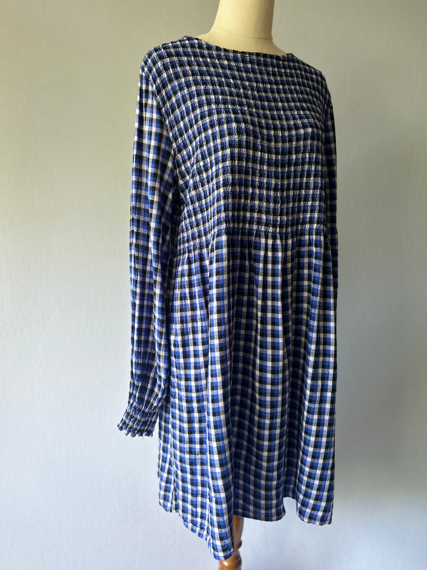 Shirred Gingham Smock Dress - Cobalt Blue & Monochrome - Size M
