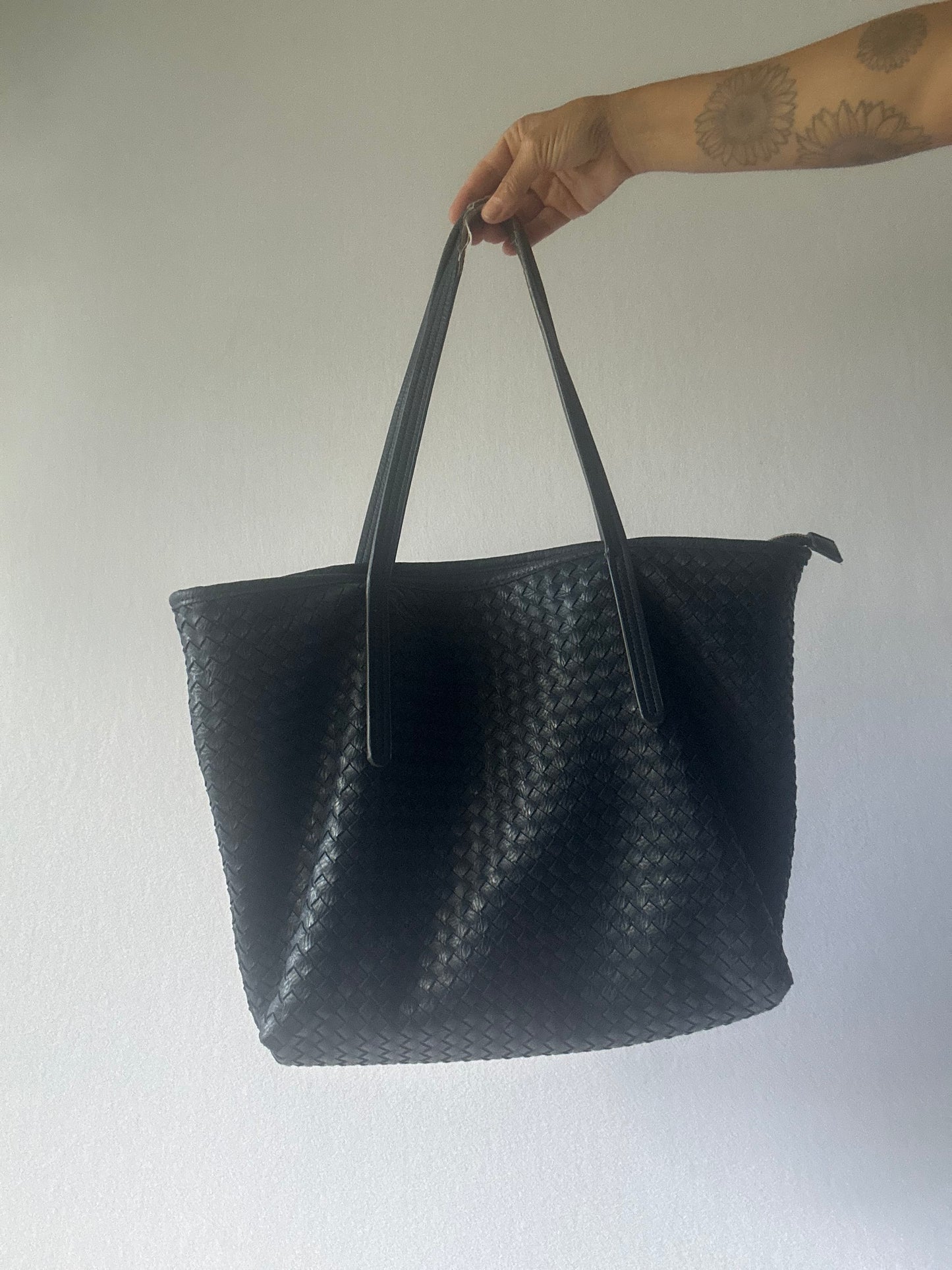 Navy Woven Faux Leather Large Tote Bag - Size Large