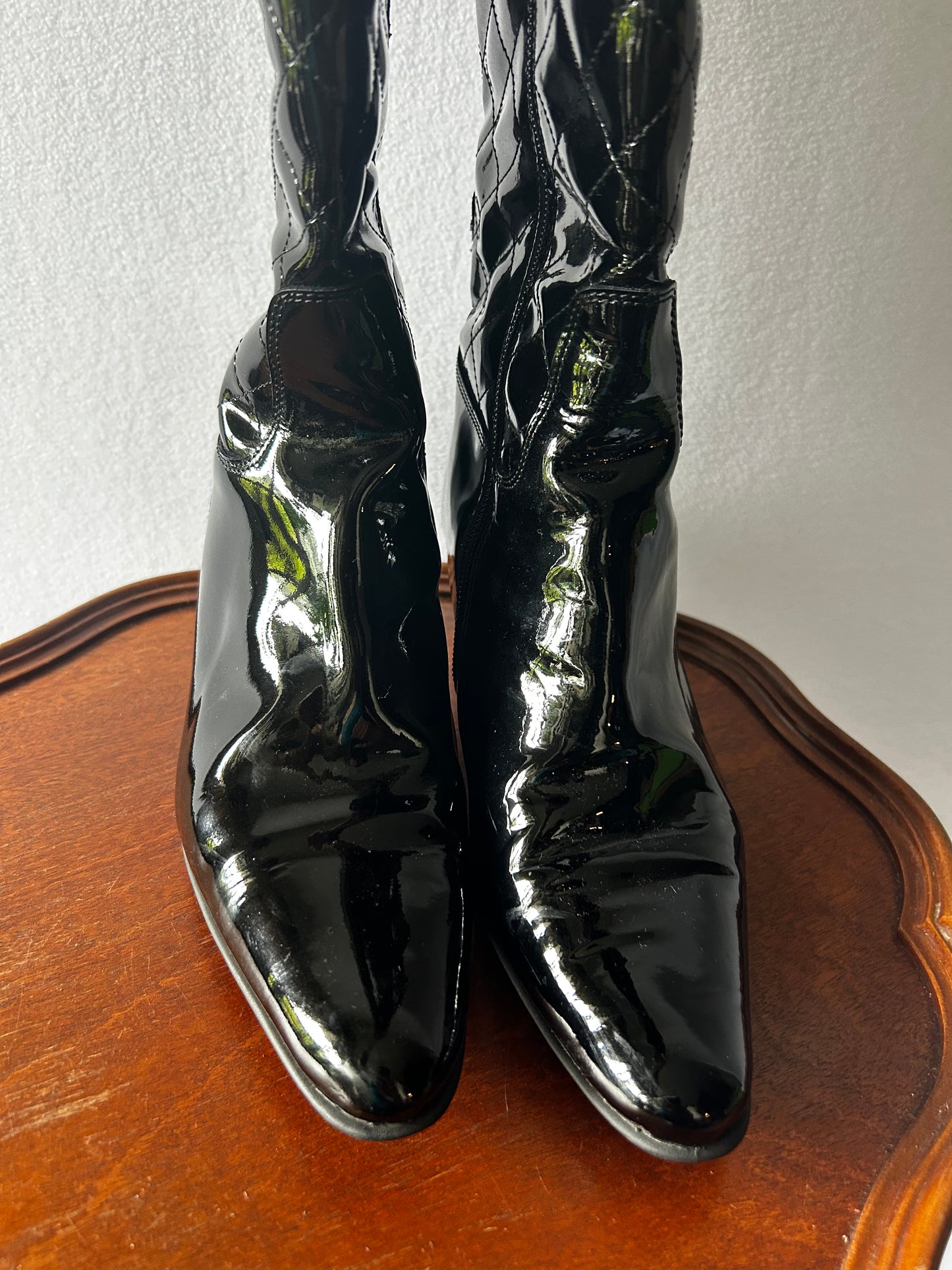 Italian-Made Quilted Patent Vinyl Knee-High Boots - Size 36