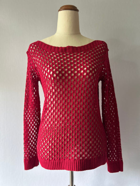 Red Cotton Open-Knit Long Sleeve Top – Size S/M