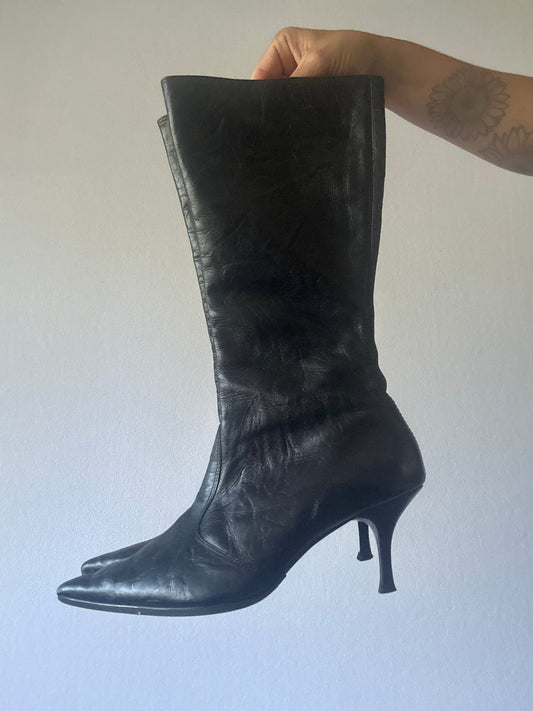 Vintage-Style Black Leather Pointed-Toe Ankle/Knee Boots - Size EUR 40