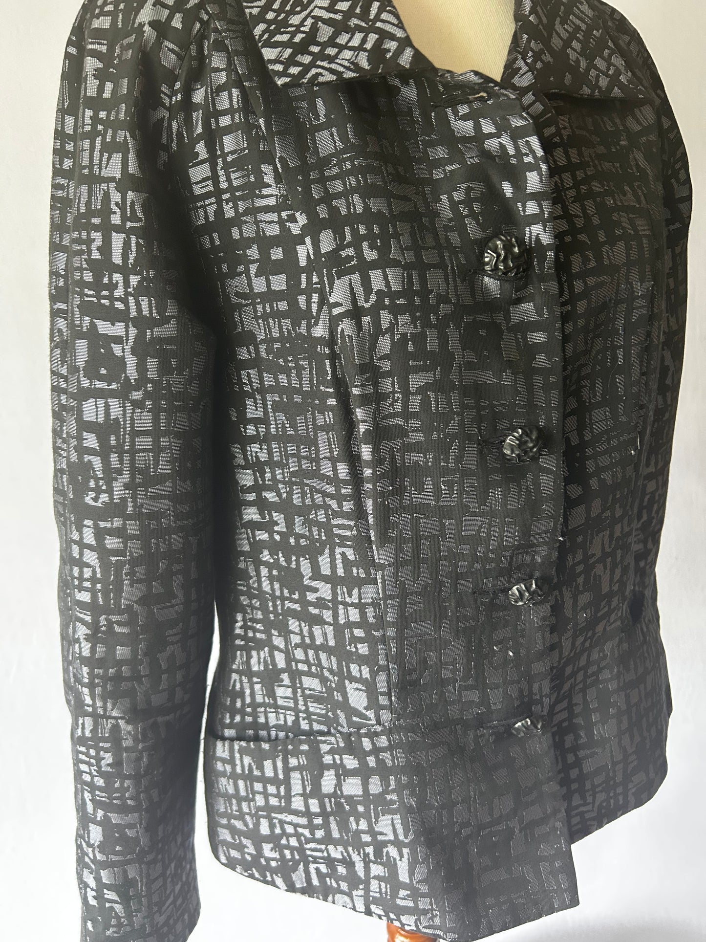 Anne Mardell Black Patterned Jacket – Size 12 – Made in New Zealand – Cotton Blend