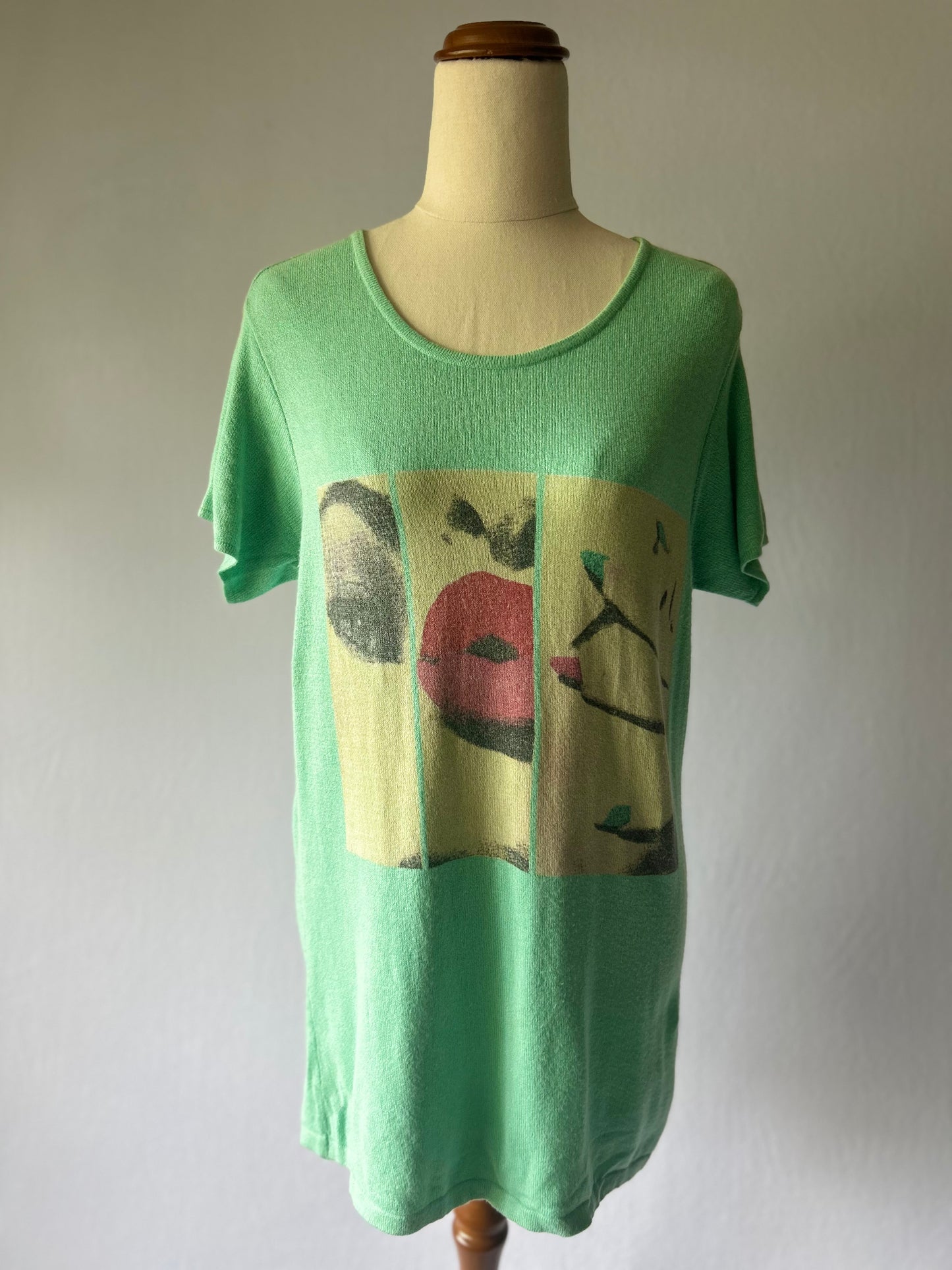 Aqua Green T-Shirt with Abstract Female Print – Size M, Viscose Nylon Blend