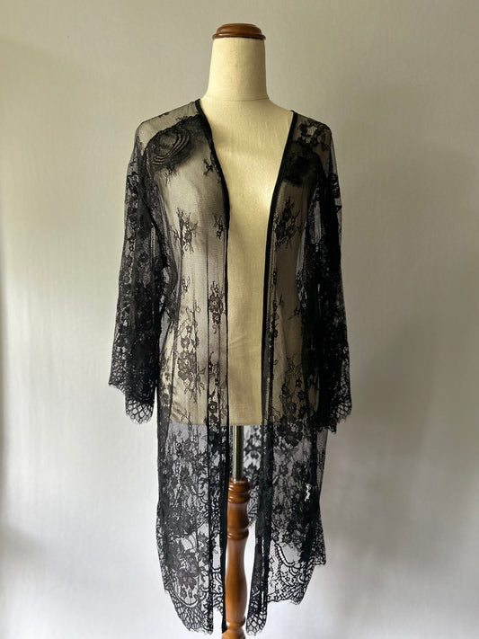 Sheer Black Floral Lace Duster Kimono Cover-Up - Size M