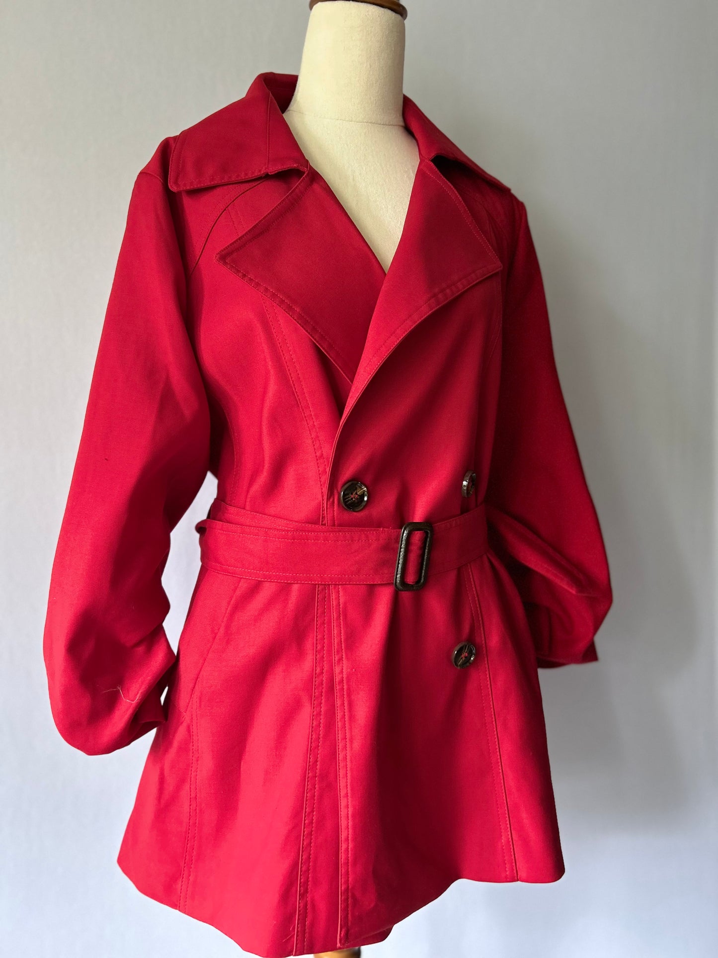 Crimson Red Double-Breasted Belted Trench Coat – Size XL