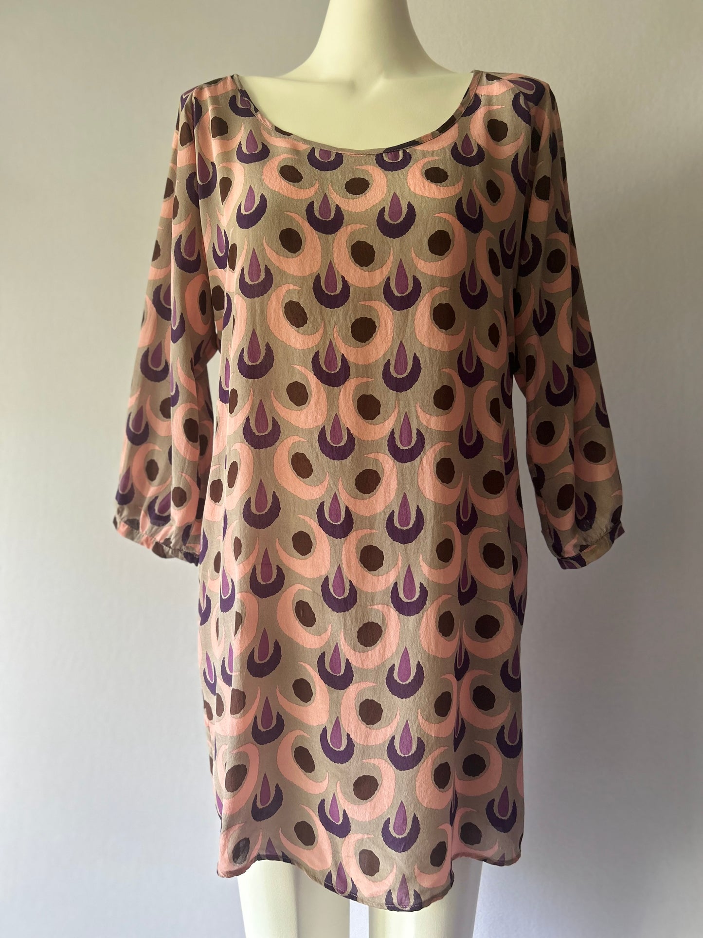 Juliette Hogan 100% Silk Geometric Print Tunic Dress - Size 12