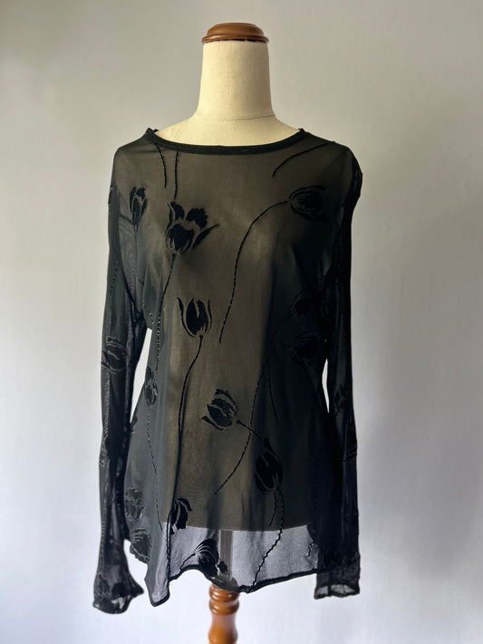 Floral Velvet Flocked Sheer Mesh Top – Size L