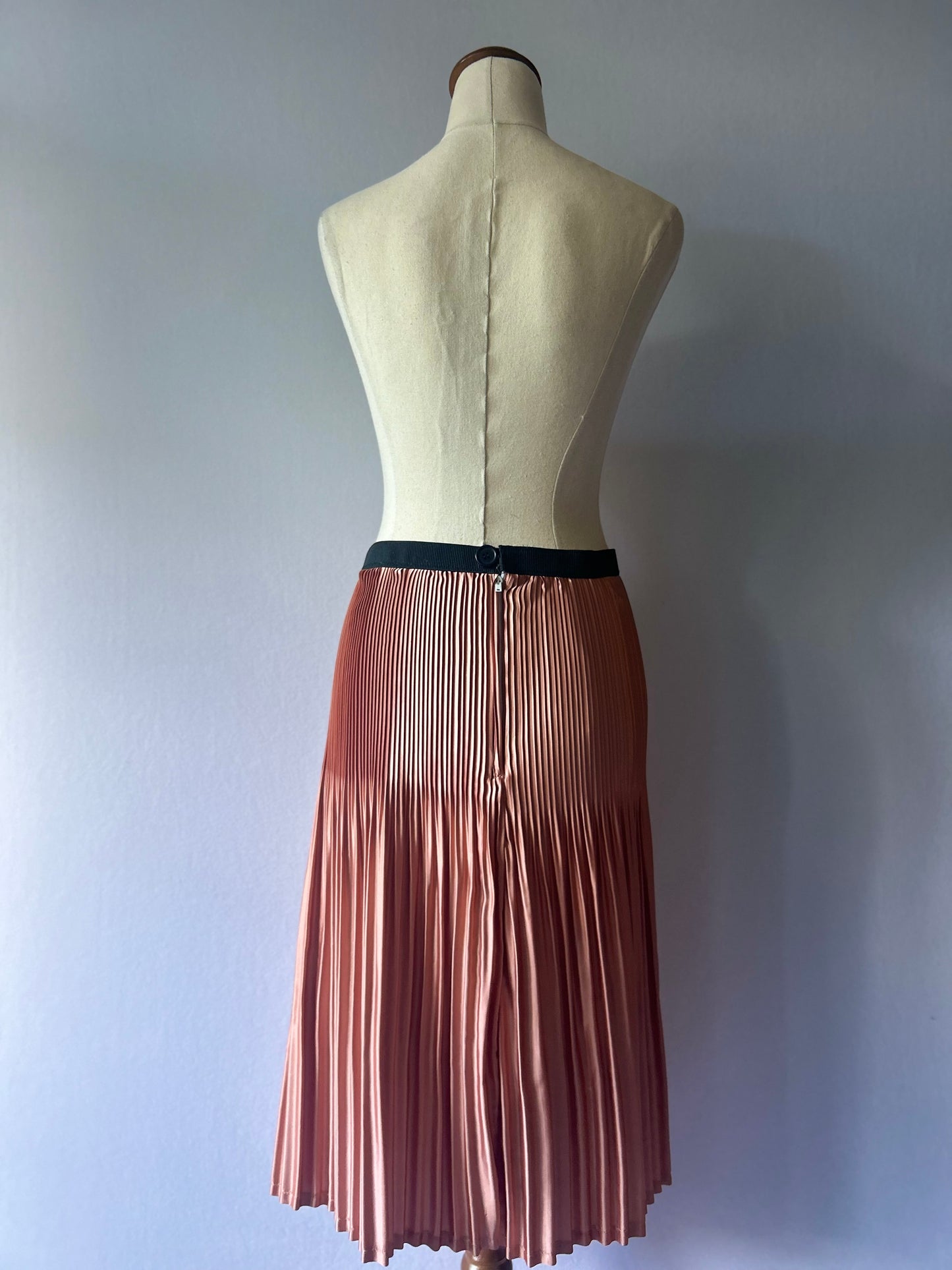 Metallic Peach Satin Pleated Midi Skirt - Size M