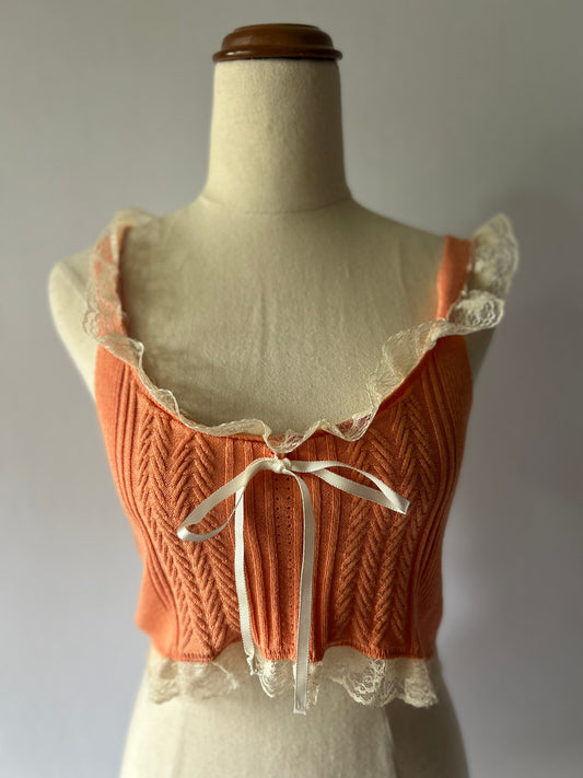 Orange Cable Knit Lace Trim Crop Top – Size M
