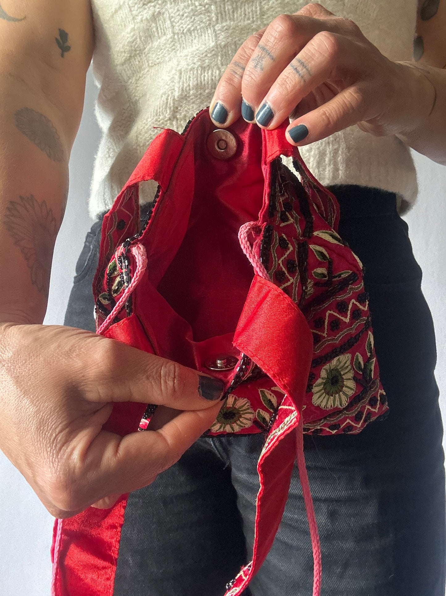 Embroidered Red Floral Tote Bag – Boho Chic Handmade Style