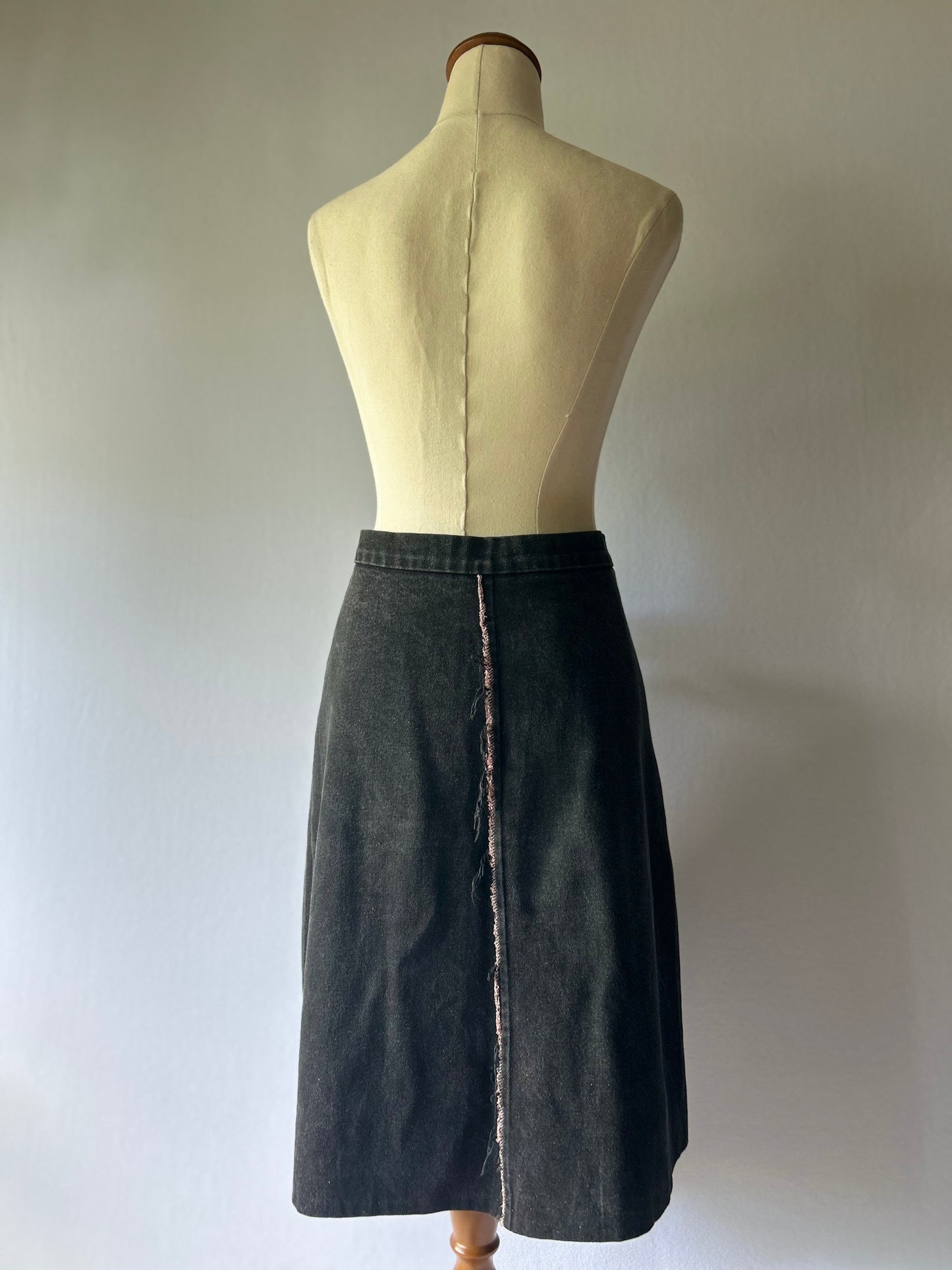 Ricochet Black Denim A-Line Skirt - Size 12 | 100% Cotton with Raw Edge Detail