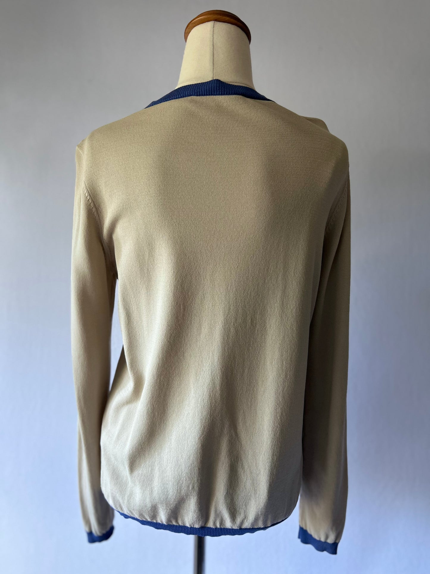 Beige Cardigan with Blue Trim – Size M, Viscose Blend