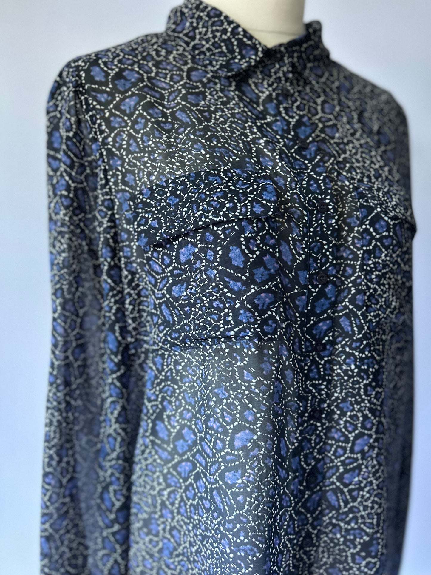 Sheer Printed Long Sleeve Blouse – Blue & Black – Size 10