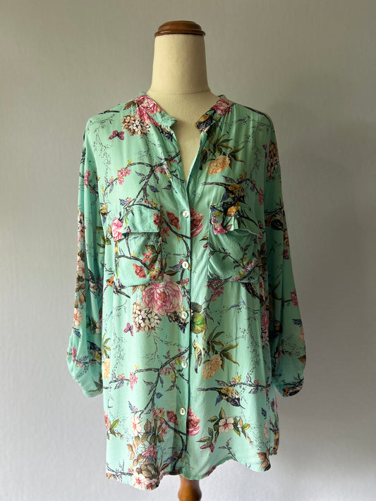 Mint Green Floral & Bird Print Viscose Shirt – Size L