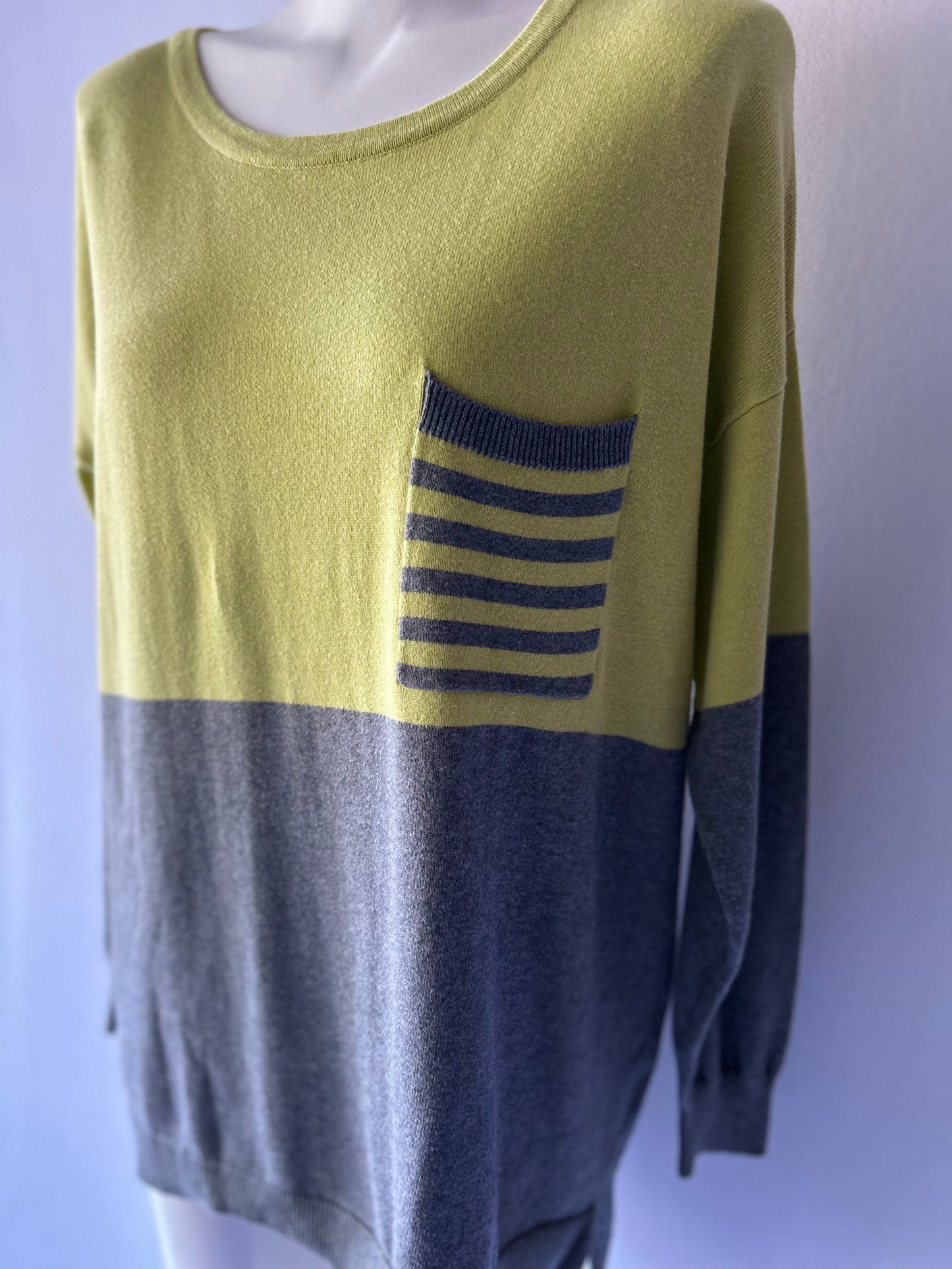 Chartreuse & Grey Two-Tone Cotton Sweater | Striped Pocket Detail | Size Large