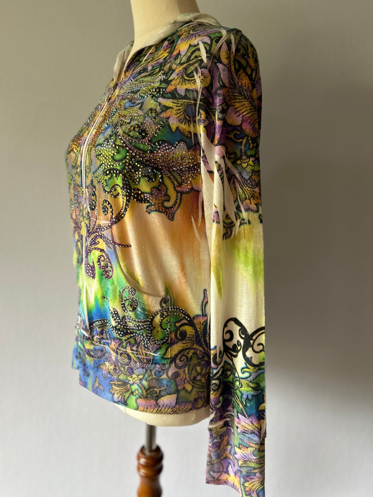 Y2K Rhinestone Embellished Graphic Zip-Up Hoodie - Size L