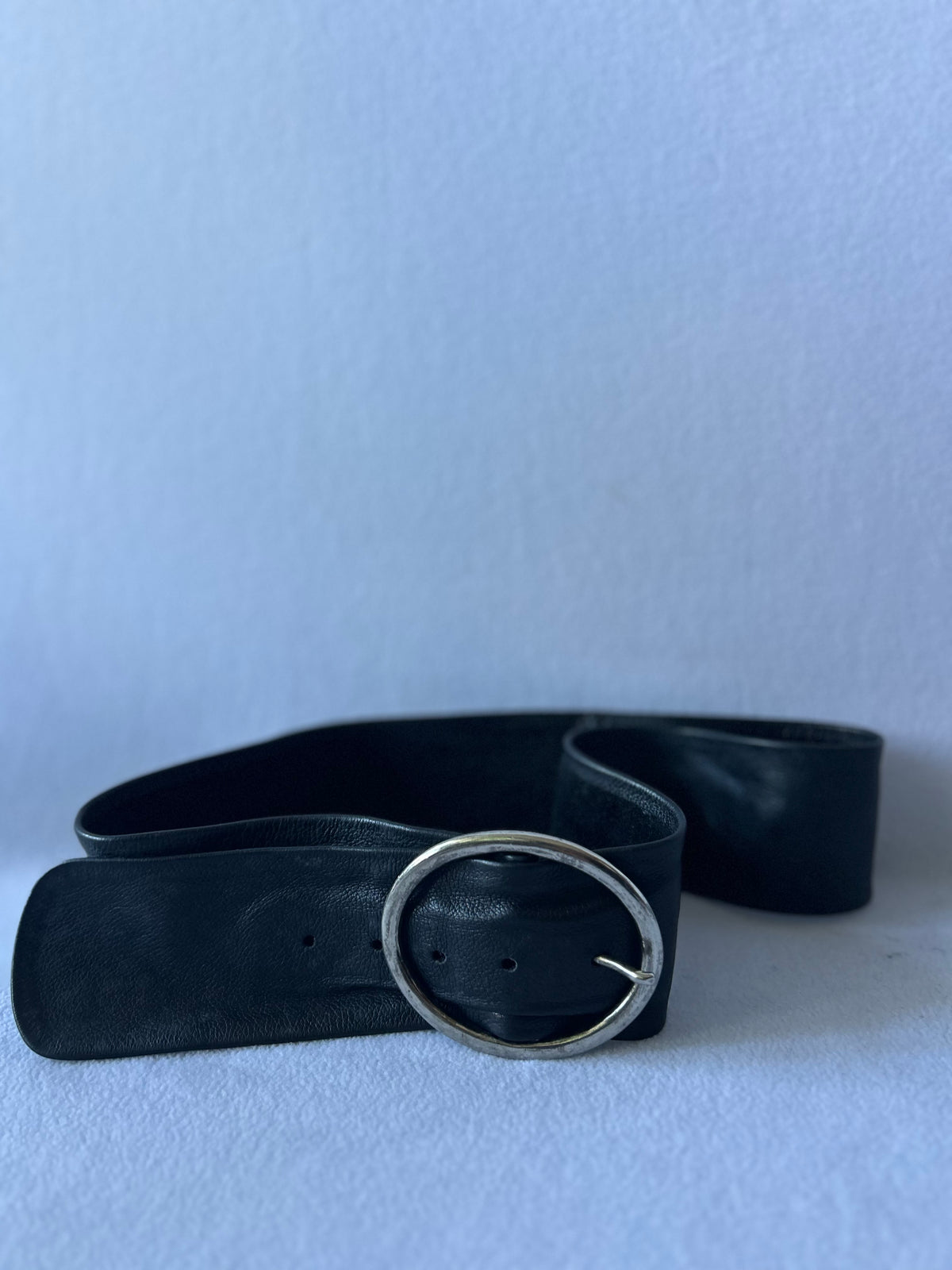 Black Genuine Leather Wide Waist Belt with Silver Oval Buckle - 98cm