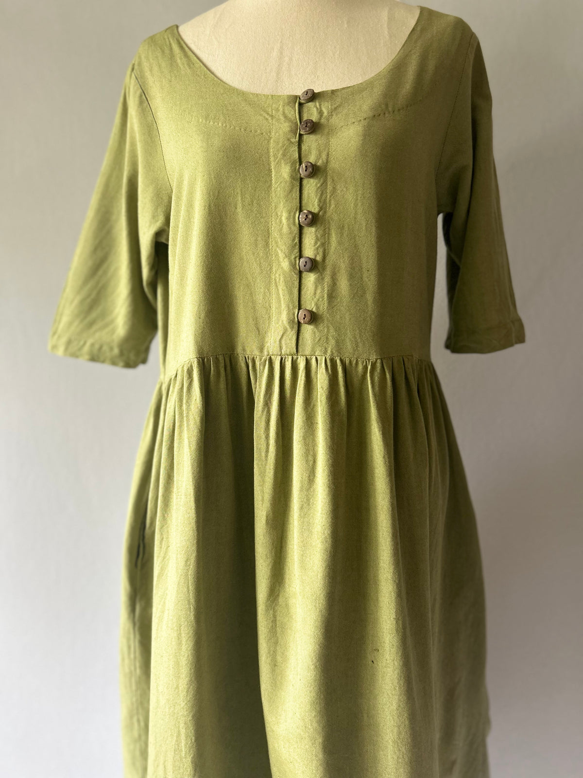 Handmade in Nepal Olive Green Cotton Button-Front Midi Dress - Size L