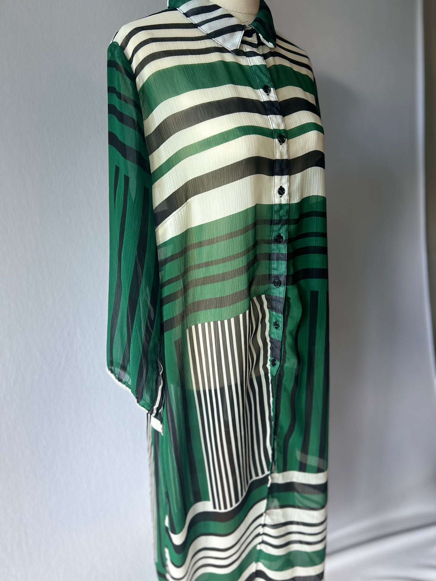 Coco&Belle Graphic Mixed-Stripe Sheer Chiffon Chemise Dress - Green & Black - Size 12