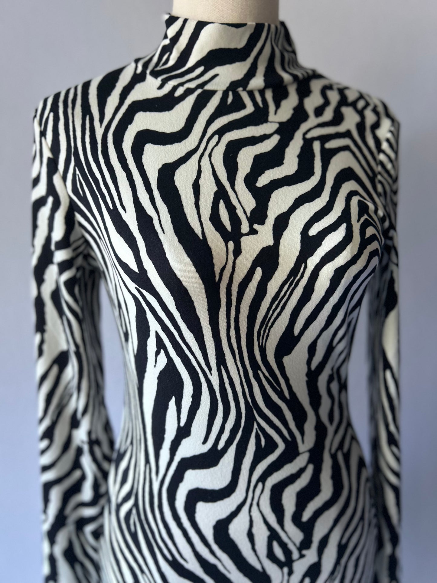 Monochrome Zebra Print Mock Neck Bodycon Mini Dress - Size M