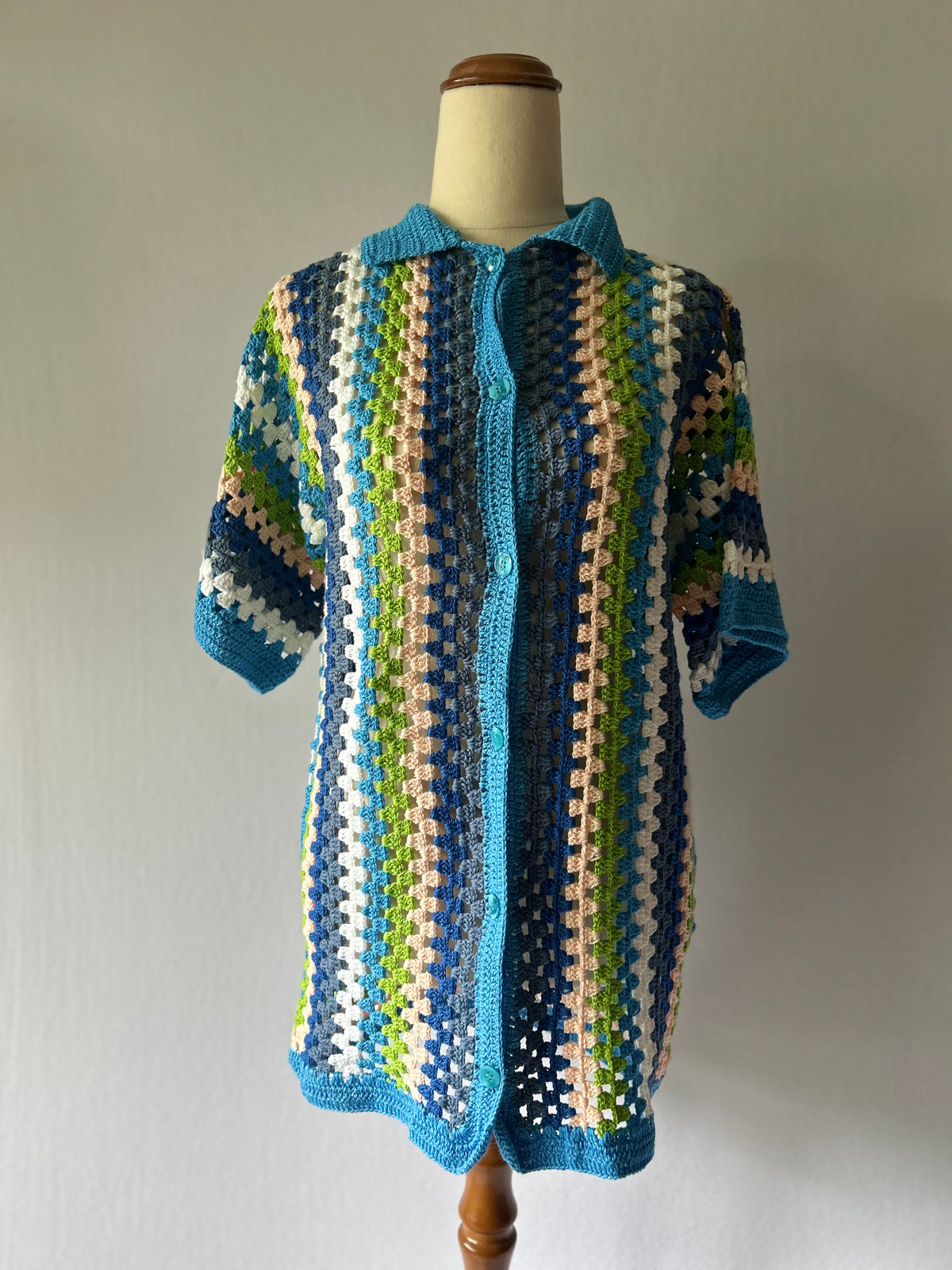 Handmade Coastal Stripe Cotton Crochet Cardigan — Size S/M