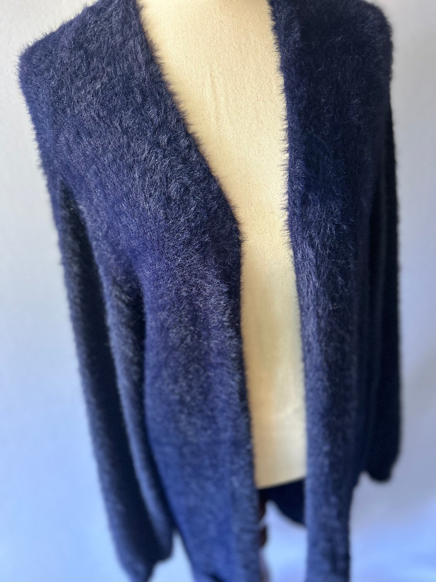 Navy Fluffy Knit Longline Cardigan - Size XL | Soft Textured Open Front Cape